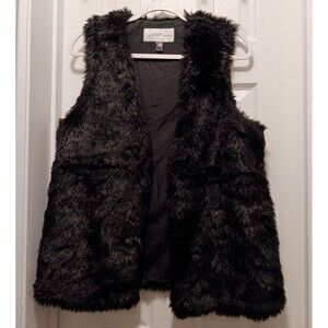Jaclyn Smith Vest‎ Faux Fur Suede Trim Sleeveless Open Front Black Size L